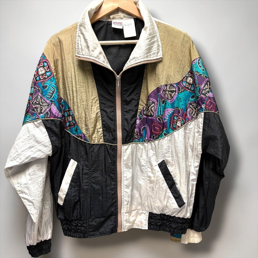 Athletic Works Vintage 90s Windbreaker Jacket Metallic Colorblock Geometric L